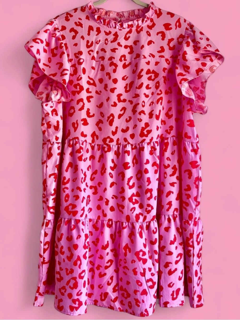 SHEIN Pink & Red Leopard Tiered Ruffle Dress
